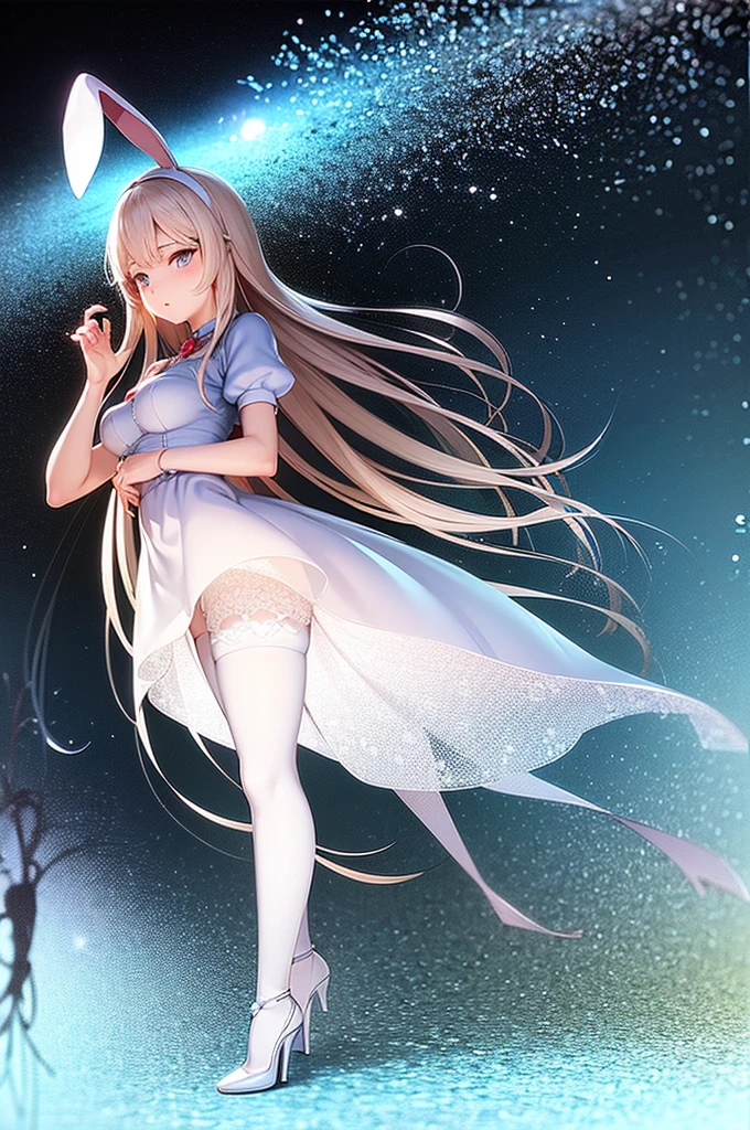 Alice (in wonderland), beautiful young adult (feminine), chic, funny body, Scrawny, medium breasts, soft and charming look, roupas feminines (long white and flowery dress, white tights, bunny ears, high-heels, in the forest at night, full moon visible in the background, 8K, best qualityer, realistic anime style, RPG