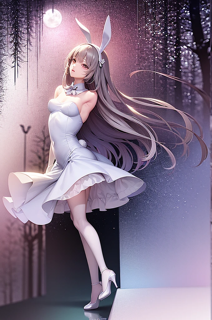 Alice (in wonderland), beautiful young adult (feminine), chic, funny body, Scrawny, medium breasts, soft and charming look, roupas feminines (long white and flowery dress, white tights, bunny ears, high-heels, in the forest at night, full moon visible in the background, 8K, best qualityer, realistic anime style, RPG