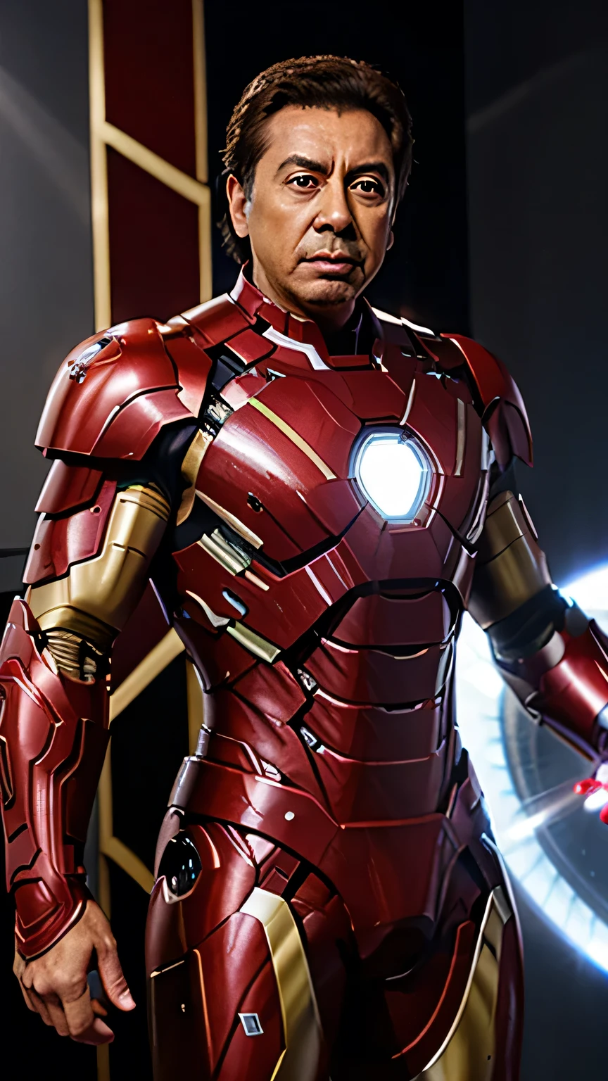 create Silvio Santos as an iron man actor, with armor equipped