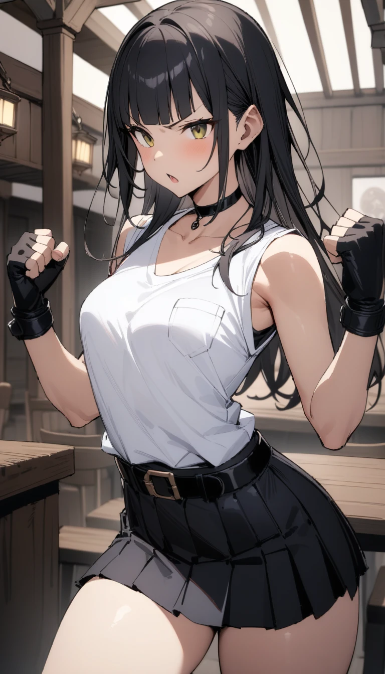((Highest quality)), ((masterpiece)), (detailed),cowboy shot , ((Rin々Policewoman))　small breasts 　Mature Woman, ((A white sleeveless U-neck T-shirt with a black sleeveless chest pocket blouse layered over the T-shirt)),　Black choker,((clavicle))、Black long hair　Blunt bangs　black pleated mini skirt　black fingerless gloves　V-shaped eyebrows　Combat Stance　Black Belt　Clenched fist　Old tavern