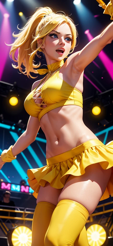 Generate an image of a blonde woman wearing flashy yellow clothes and holding maracas while dancing. Set her in a vibrant and energetic performance setting, such as a lively stage with colorful lights and cheering audience, or a festive event with music and dancing. Capture the charisma and excitement of her performance, showcasing her passion for entertaining and engaging with the crowd. Enhance the image with elements that symbolize entertainment and energy, creating a visually captivating and dynamic scene.