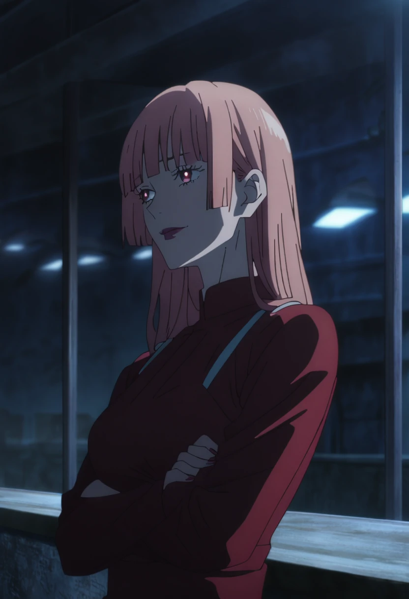 1girl, female gojo satoru, anime screencap from jujutsu kaisen, gojo satoru female version, solo, medium_hair, red eyes ((red_hair)), night view, breasts, upper_body, smile, indoors, book, bangs, red_eyes, lips, ((Blunt bangs, Hair between eyes)) wearing an elegant red dress with thin straps, breast, "very detailed and high resolution" (red eyes) ((cross arms)) ((long hair)) ((solo))