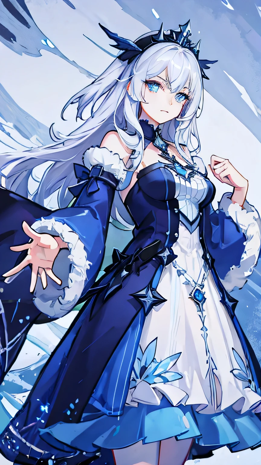 ((best quality)), ((masterpiece)), (detailed), 1girl, best quality, face focus, soft light, detailed face, detailed eyes, ultra high res, Ice queen, snowstorm, diamond dust, cold eyes, freezing air, pale blue dress, white hair