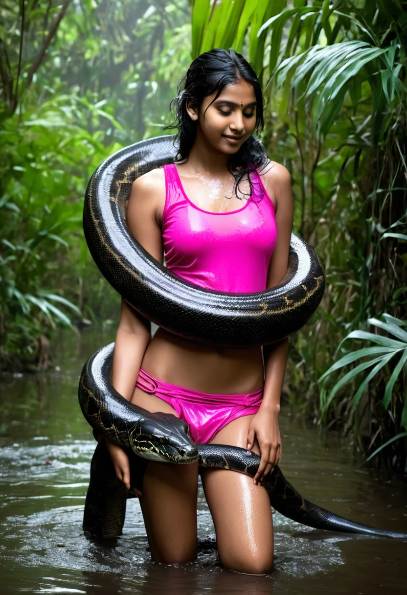 Top quality, masterpiece, super high resolution, real photo, raw photo, cute, beautiful indian young girl, happy expression, joy, glossy skin, dramatic lighting, full body, full body wet, dirty pink tank top, sheer with thin fabric, pink shirt dirty with mud, beautiful breasts, beautiful ass, butt sticking out, creepy, in the dark jungle, waterside, black large titanboa , slim, long limbs, slimy, slim Sleeping on large titanboa a large giant black titanboa wrapped around her neck, a large titanboa wrapped around her body, a titanboa’s head from between her crotches, a titanboa and a titan’s intertwining their tongues and kissing, a girl hugging giant titanbo a girl and a large titanboa staring at each other Many large anacondas horny aroused tentacle sex large object penetration nsfw snake tongue kissing blowjob bestiality