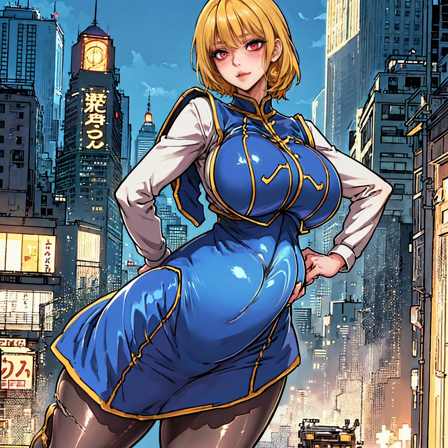 Turn your face and look straight ahead, Beautiful busty woman standing facing the front, (standing proud:1.4), (cowboy shot:1.2), (High Resolution), (Very Detailed), (Best Photo), (Best Quality), (Ultra Detailed), (masterpiece:1.5), very precise details,(Ultra High Resolution:1.4), the Extremely Detailed CG Unity 8K Wallpapers, highest quality, hight resolution, (Realistic, Photorealsitic, hyper realisitic:1.5), (Curve, Model, Farbe care:1.5), Farbe_aberration, the light shines on your face, profetional lighting, anime styled, beautiful hair, detailed hair,(Detailed Face), (Beautiful Detailed Eyes), Beautiful breasts, beautiful detailed shadow, Beautiful body, Beautiful skin, beautifull hands, precise details hands, beautiful fingers, very precise detailed fingers, (Ultra-detailed face, Detailed eyes:1.4), beautiful eyebrows, cool eyebrows, (Aesthetic Anime Eyes:1.4), (Light from the front :1.4), (shiny oiled skin: 1.4), (1girl in:1.4),(Solo:1.4), (Mature face and body), (city center:1.3), (york:1.2), highrise buildings, daylight, on the street, cars, (Beautiful cute face), (beautiful female lips), Charming, ((aroused expression)), looks at the camera with a gentle smile, earrings glossy lips, (juicy female lips), perfect female body, Beautiful waist, beautiful long eyelashes , put hands on the hip, raise the corners of the mouth, tilt her head, 30year old, mature female, Kurapika, 1girl, ((scarlet eyes)), blonde hair, ((bob hair)), flowing hair, fluttering hair, long legs, very large breasts, long breasts, saggy breasts, hips wider than shoulders, wide hips, pelvic curtain, beautiful thighs, thick thighs, simple clothess, ((full bodyblue tabard:1.4)), ((gold trim)), white shirt, long sleeves, puffy sleeves, white pants, ((simple yellow wide waist belt)), (blue very long skirt), (pantyhose:1.3), brown pantyhose, black high heels, pumps, hide breasts, full body,takeda hiromitsu style,pregnant woman, pregnancy