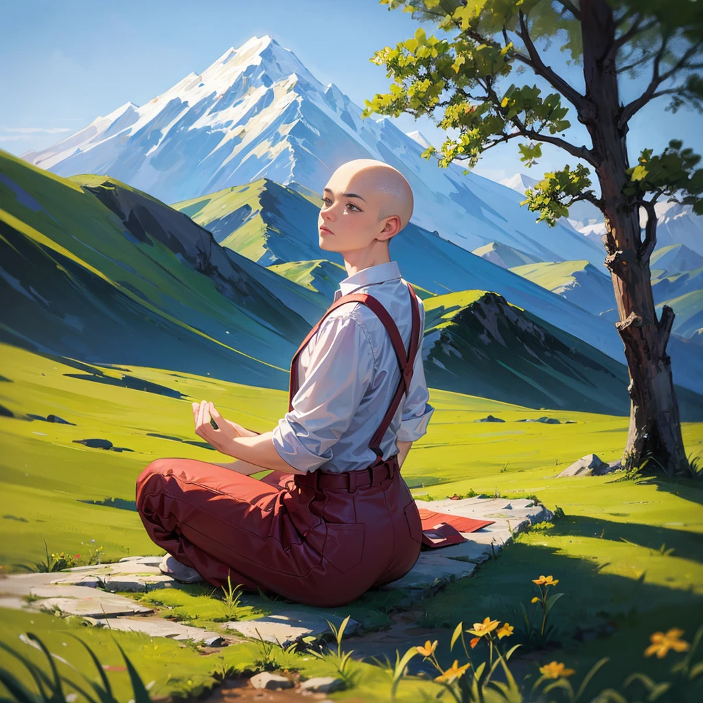 Bald seeker, meditating, under a tree, on a high mountain, behind are mountains big and small as far as the eye can see, calm, heal the mind.