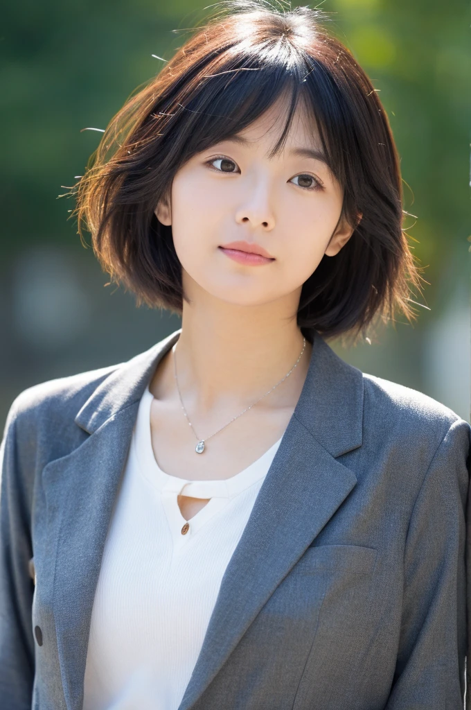 Close up of (((Masamisuno))),(in 8K, top-quality, masterpiece:1.3, A high resolution, A hyper-realistic), high detailing,Lighting the face, best light, japanes,japanaese girl, Photo of a cute Japanese woman, Small necklace, Thin Silver Necklace, simple background, wear suit, Casual pose, Short hair swaying in the wind