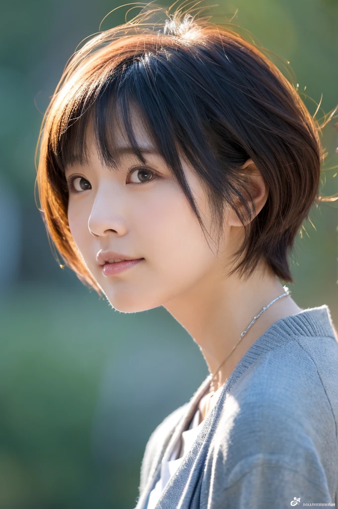 Close up of (((Masamisuno))),(in 8K, top-quality, masterpiece:1.3, A high resolution, A hyper-realistic), high detailing,Lighting the face, best light, japanes,japanaese girl, Photo of a cute Japanese woman, Small necklace, Thin Silver Necklace, simple background, wear suit, Casual pose, Short hair swaying in the wind