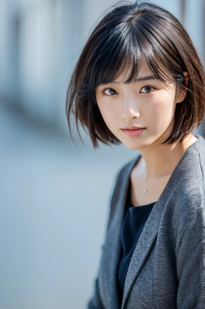 Close up of (((Masamisuno))),(in 8K, top-quality, masterpiece:1.3, A high resolution, A hyper-realistic), high detailing,Lighting the face, best light, japanes,japanaese girl, Photo of a cute Japanese woman, Small necklace, Thin Silver Necklace, simple background, wear suit, Casual pose, Short hair swaying in the wind