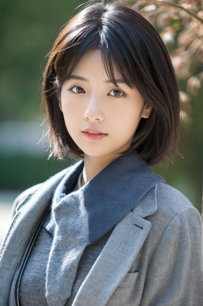 Close up of (((Masamisuno))),(in 8K, top-quality, ​masterpiece:1.3, A high resolution, A hyper-realistic), high detailing,Lighting the face, best light, japanes，japanaese girl, Photo of a cute Japanese woman, Small necklace, Thin Silver Necklace, simple background, wear suit, Casual pose, Short hair swaying in the wind