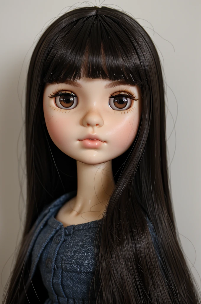 Blythe doll, chubby girl, round face, brunette, Mole under the right eye, dark brown eyes and a LITTLE slanted, black hair, thick lips, long eyelashes, straight hair