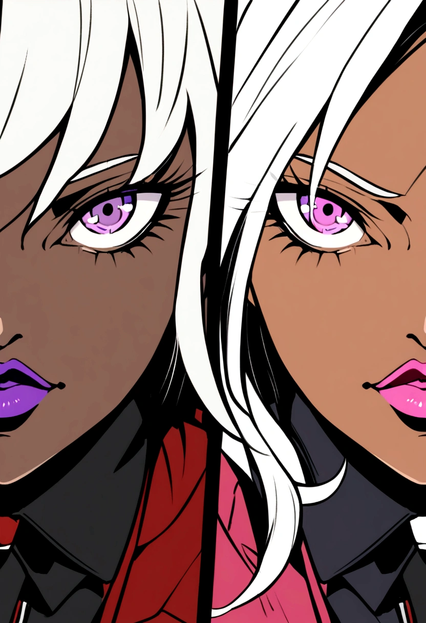 Girl with white hair, purple eyes, dark skin and Italian mafia style clothing