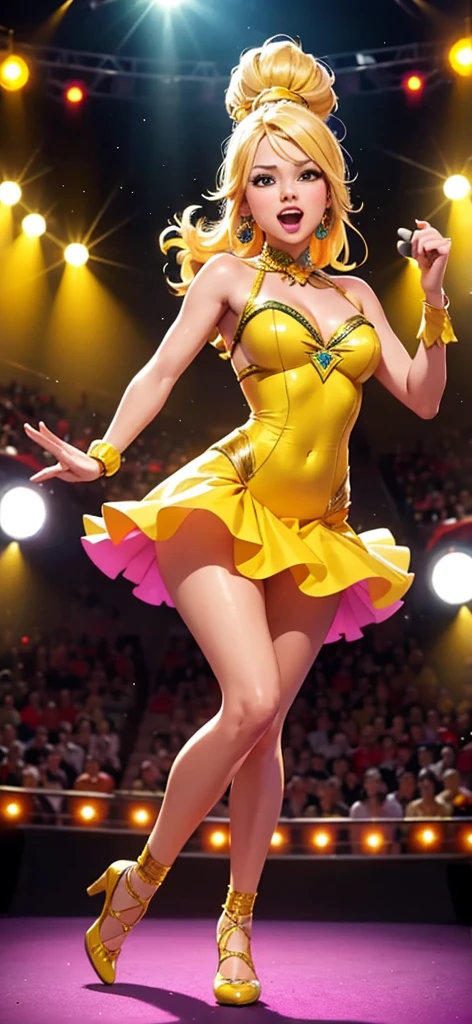 Generate an image of a blonde woman wearing flashy yellow dresses and holding maracas while dancing. Set her in a vibrant and energetic performance setting, such as a lively stage with colorful lights and cheering audience, or a festive event with music and dancing. Capture the charisma and excitement of her performance, showcasing her passion for entertaining and engaging with the crowd. Enhance the image with elements that symbolize entertainment and energy, creating a visually captivating and dynamic scene.