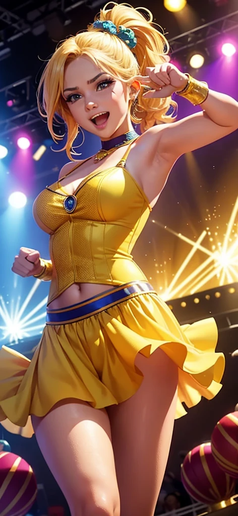 Generate an image of a blonde woman wearing flashy yellow dresses and holding maracas while dancing. Set her in a vibrant and energetic performance setting, such as a lively stage with colorful lights and cheering audience, or a festive event with music and dancing. Capture the charisma and excitement of her performance, showcasing her passion for entertaining and engaging with the crowd. Enhance the image with elements that symbolize entertainment and energy, creating a visually captivating and dynamic scene.