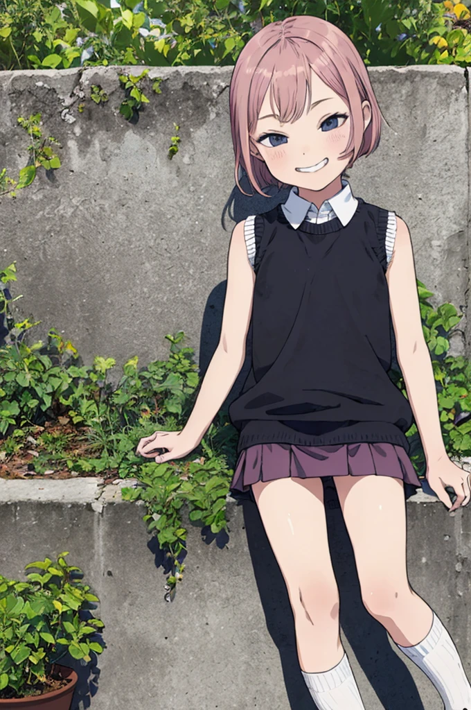 best quality, masterpiece, detailed,2d,flat color, 1girl,,petit,grin,outdoor,(short miniskirt),sleeveless,socks,sweater,