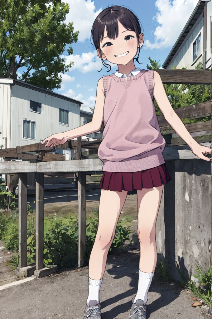 best quality, masterpiece, detailed,2d,flat color, 1girl,,petit,grin,outdoor,(short miniskirt),sleeveless,socks,sweater,