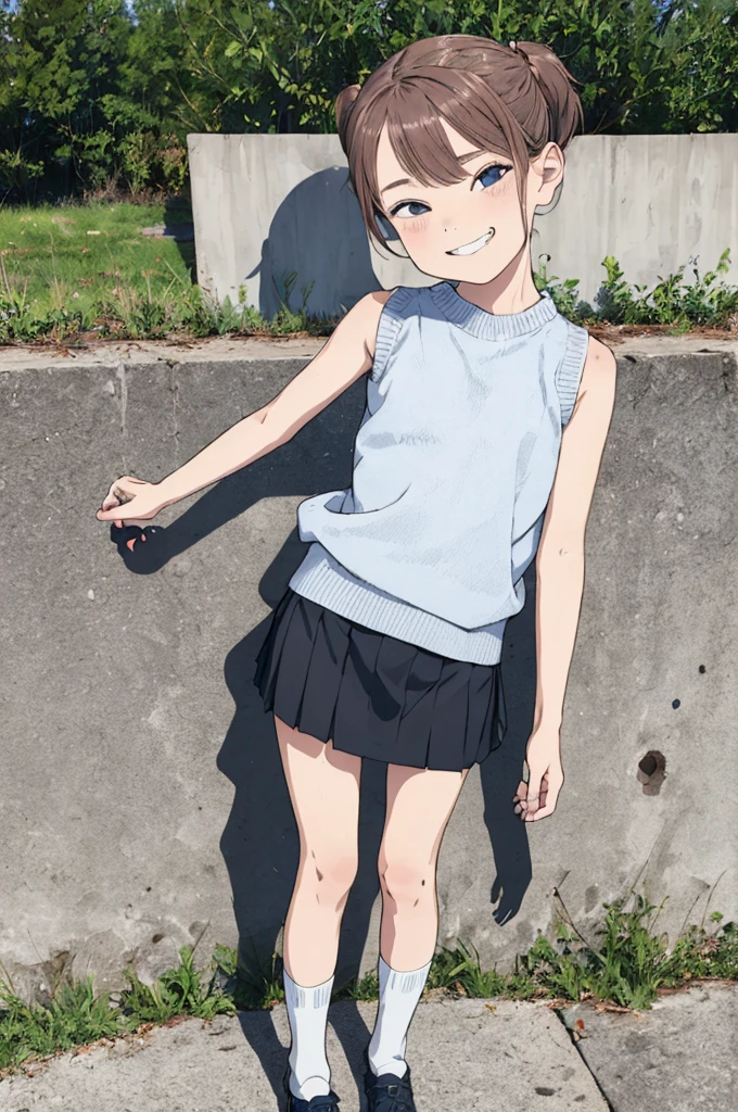 best quality, masterpiece, detailed,2d,flat color, 1girl,,petit,grin,outdoor,(short miniskirt),sleeveless,socks,sweater,