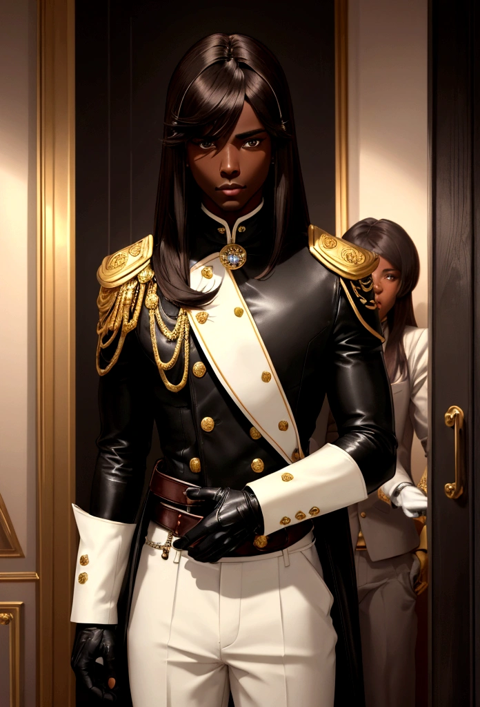 boy, darkskin, dark brown hair and white in the front, shoulder length hair with bangs, wide black pants with gold details, black fitted blouse, leather gloves. 