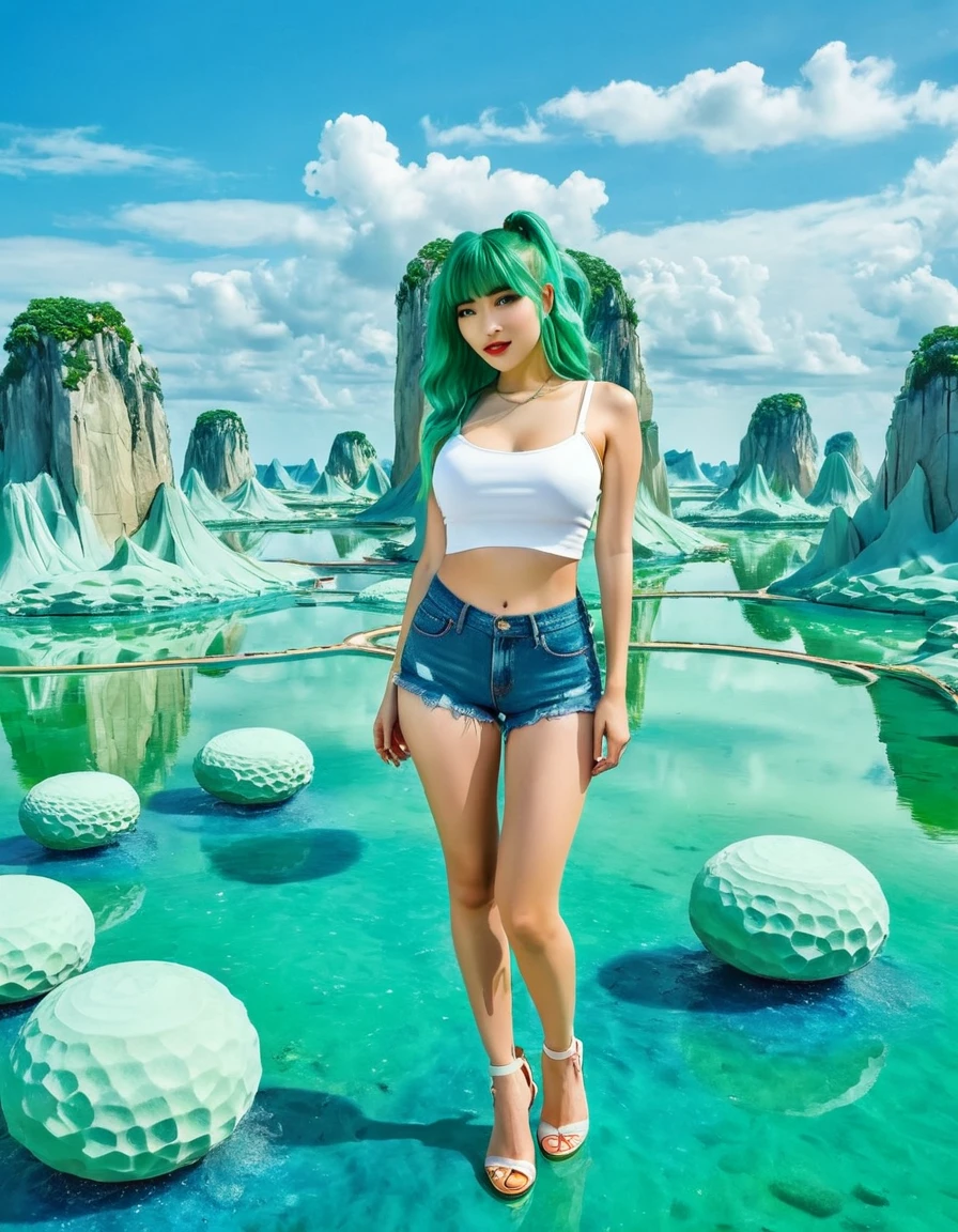A woman with green hair, wearing a white crop top and denim shorts, standing in a whimsical, dreamlike landscape with floating islands and surreal elements.