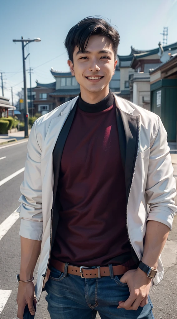 Masterpiece, best quality best, 1 young man, Asian man, East Asian people, one person, The muscles are in good proportion., Posing obscenely, short hair details，smile, white teeth, jacket set, road background, Realistic style，photography，Can be seen from the front, see viewers