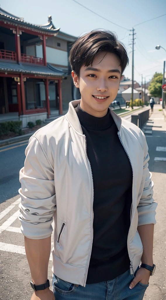 Masterpiece, best quality best, 1 young man, Asian man, East Asian people, one person, The muscles are in good proportion., Posing obscenely, short hair details,smile, white teeth, jacket set, road background, Realistic style,photography,Can be seen from the front, see viewers