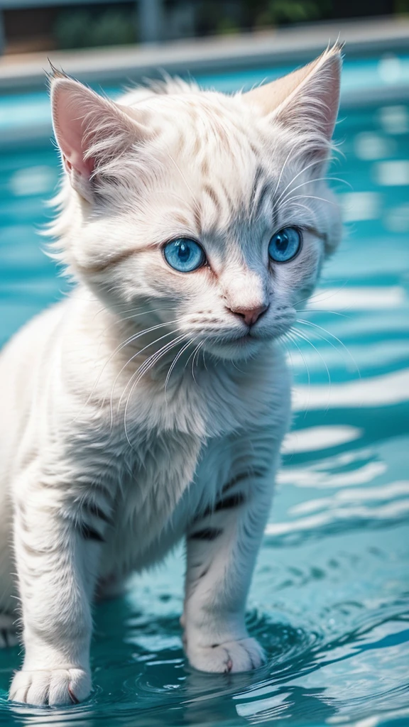 a background of a frajola kitten with just one black ear and the rest white and a cross-eyed cat with blue eyes swimming in a pool