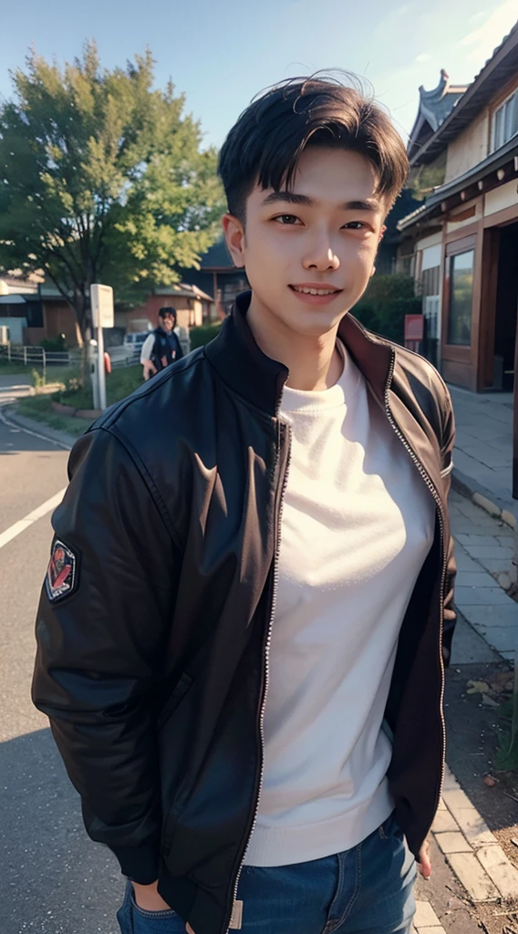 Masterpiece, best quality best, 1 young man, Asian man, East Asian people, one person, The muscles are in good proportion., Posing obscenely, short hair details，smile, white teeth, jacket set, road background, Realistic style，photography，Can be seen from the front, see viewers