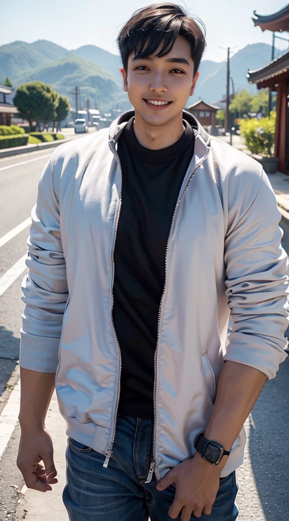 Masterpiece, best quality best, 1 young man, Asian man, East Asian people, one person, The muscles are in good proportion., Posing obscenely, short hair details,smile, white teeth, jacket set, road background, Realistic style,photography,Can be seen from the front, see viewers