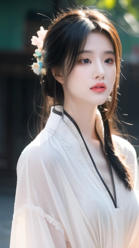 (Top quality,masterpiece:1.3,Ultra-high resolution,),(Extremely detailed,Caustic lines),(Reality:1.4,RAW Shooting,)Ultra-realistic capture,Very detailed,HD 16K，Suitable for human skin、 Natural skin texture、、Skin looks healthy and even-toned、 Use natural light and color,A woman,Kawaii,black hair,Medium Length Hair,(Depth of Field、Chromatic Aberration、、Wide lighting range、Natural shadows、)、(Nighttime outdoor lighting:1.4)(Hair blowing in the wind:1.1)，Hanfu