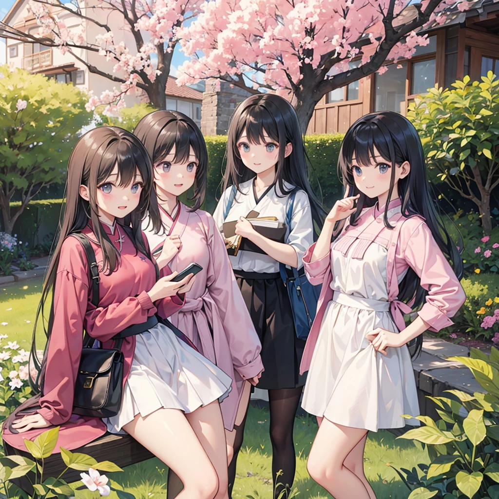 A beautiful girlis standing under a tree near a village. He has dark eyes, wearing pink color long sleeve shirts and longyi. Behind her, three women are paying attention to something. Realistic, beautiful scenery