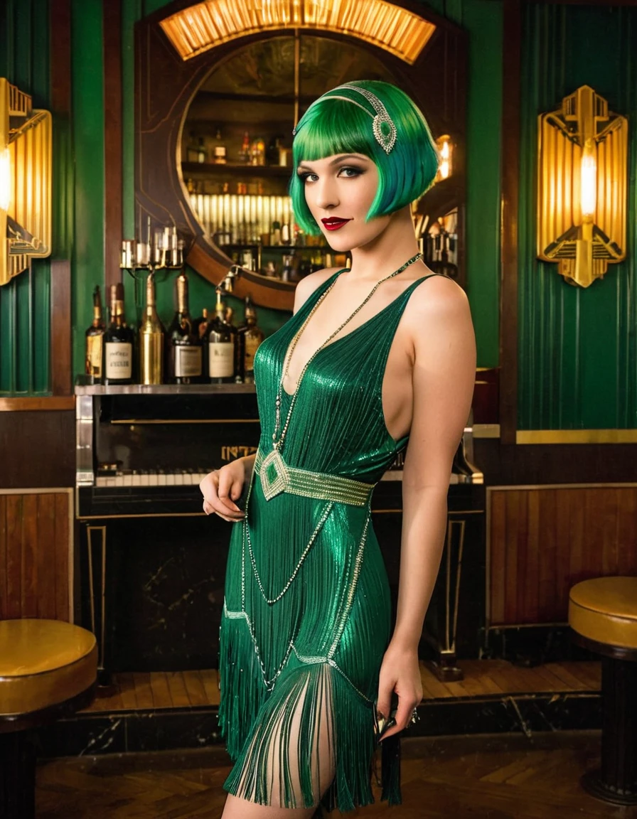 A woman with green hair, dressed in a 1920s flapper dress, standing in a speakeasy with art deco decor and jazz musicians.