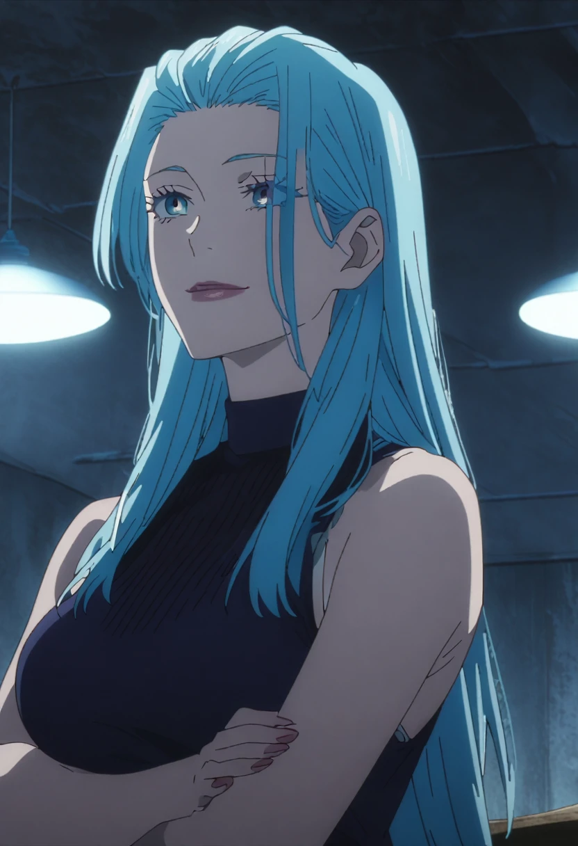 1girl, female gojo satoru, anime screencap from jujutsu kaisen, gojo satoru female version, solo, long_hair, Blue eyes ((Blue_hair)), night view, breasts, upper_body, smile, indoors, book, bangs, red_eyes, lips, (slicked back)) wearing an elegant blue dress with thin straps, breast, "very detailed and high resolution" (Blue eyes) ((cross arms)) ((long hair)) ((solo)) (front view)