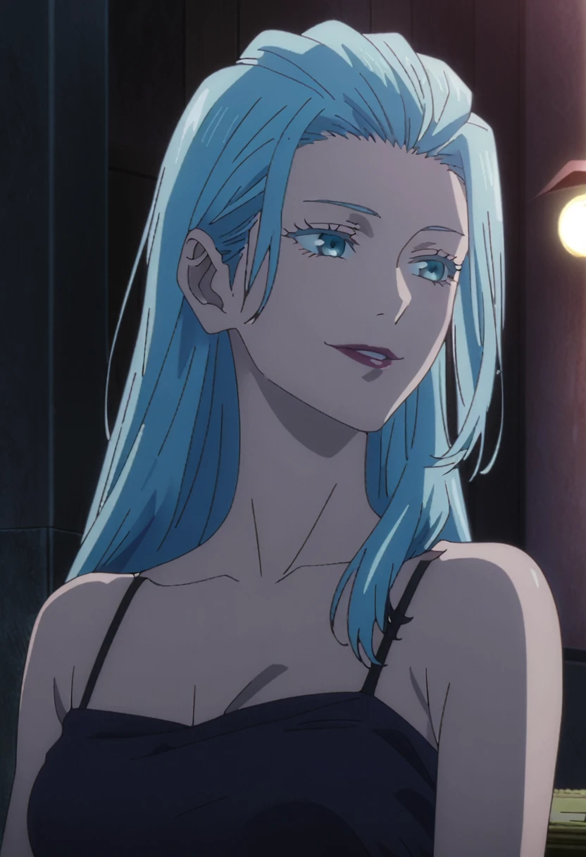 1girl, female gojo satoru, anime screencap from jujutsu kaisen, gojo satoru female version, solo, long_hair, Blue eyes ((Blue_hair)), night view, breasts, upper_body, smile, indoors, book, bangs, red_eyes, lips, (slicked back)) wearing an elegant blue dress with thin straps, breast, "very detailed and high resolution" (Blue eyes) ((cross arms)) ((long hair)) ((solo)) (front view)