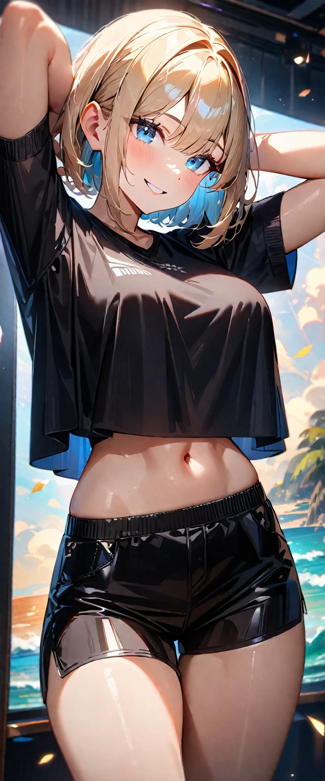 (((One girl))), beach, blond hair, bob cut, breasts, from front, (cowboy shot), (looking at viewer), ((black shorts)), ((black crop top overhang)), short sleeves, Casual Stance, ((sun glasses)), arms up, midriff peek, teenager, head tilt:1.3, (((blue eye))), ((happy smile)), ((sleeves past wrists)), anime style, (best quality, 4k, 8k, highres, masterpiece:1.2, ultra-detailed, ultra-detailed eyes, HDR, UHD, studio lighting, ultra-fine painting, sharp focus, physically-based rendering, extreme detail description, professional, vivid colors, bokeh), ((Highest quality, Best image quality, Ultra-high resolution, Ultra-high resolution, solo, Strong eye highlights)), Depth of written boundary, Natural soft light, attractive, Beautiful Face, Cleanliness, Pure Face, nedium chest, Beautiful Face, Perfect Fingers, Perfect hands, Perfect body, Perfect Face, Shine a light into your eyes, Perfect Anatomy