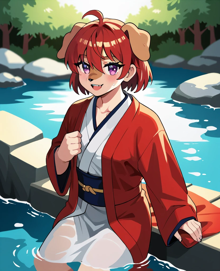 hot spring, detailed spa, bathing, Hot water, vapour:1.4)cinematic, Depth of field, ray tracing, reflection in the water, Mysterious and romantic atmosphere, caustics surface(reflecting, refraction, polarization)absurderes, Perfect Anatomia(super cute girl, kimono, playing in the water)Natural appearance at birth, tablecloth, volumetric lighting, wetclothes, clothing transparent, embarrassing, show, neckleace(anthropo peludo, hairy body, dog facial features, characteristics of the dog&#39;s body, very detailed body skin)whole body, ssmile, relax, flowers, fruits, dramatic composition,