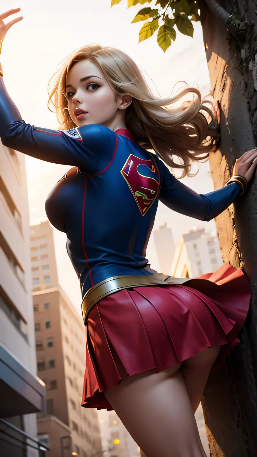 in supergirl costume, wearing mini skirt,excited, happy , climbing a tree, photorealistic, cinematic, dynamic pose, street background, big boob and ass