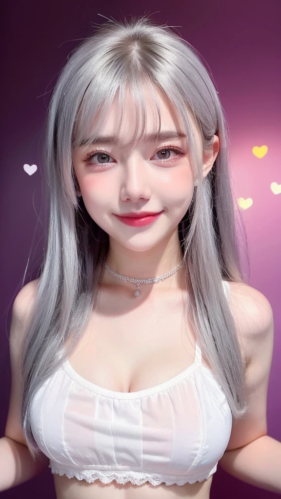 1girll, Heart-shaped pupils, finger nails, White hair, Purple eyes, (Blush:1.1), choker necklace, Upper body, Trembling, Sweat, drops of sweat, Heart, (Medium breasts:0.6), Love, Heart, Crop top, cheerfulness, Smile, Lace, Bokeh, (freckle:0.8), Natural skin texture, Portrait, (shopping_Background:1.3),