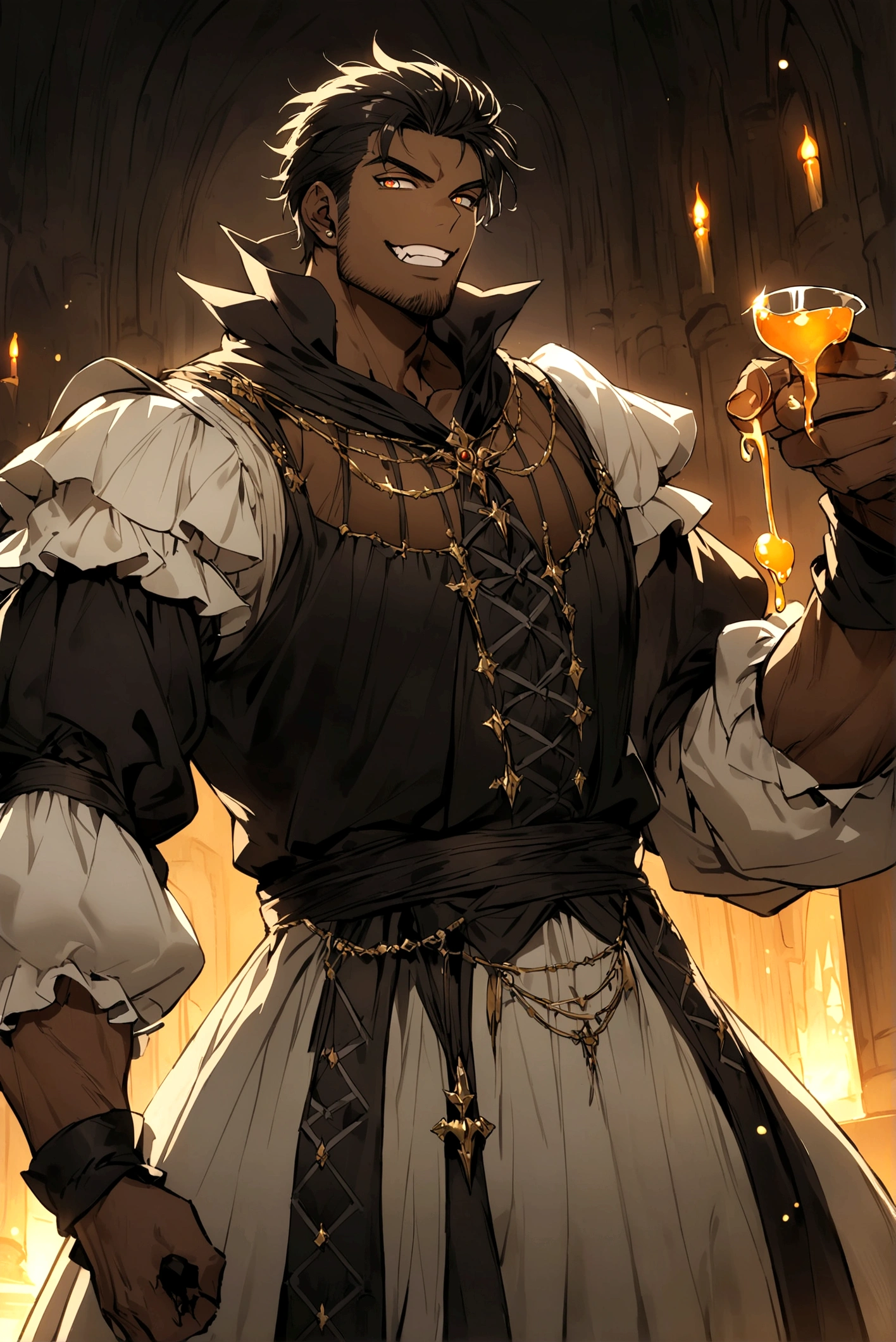 an attractive man with honey-colored eyes, looking 20 years old, BROWN SKIN, prominent canine teeth, elegantly cut black hair, burly and tall with defined muscles, and wearing medieval renaissance gothic clothes