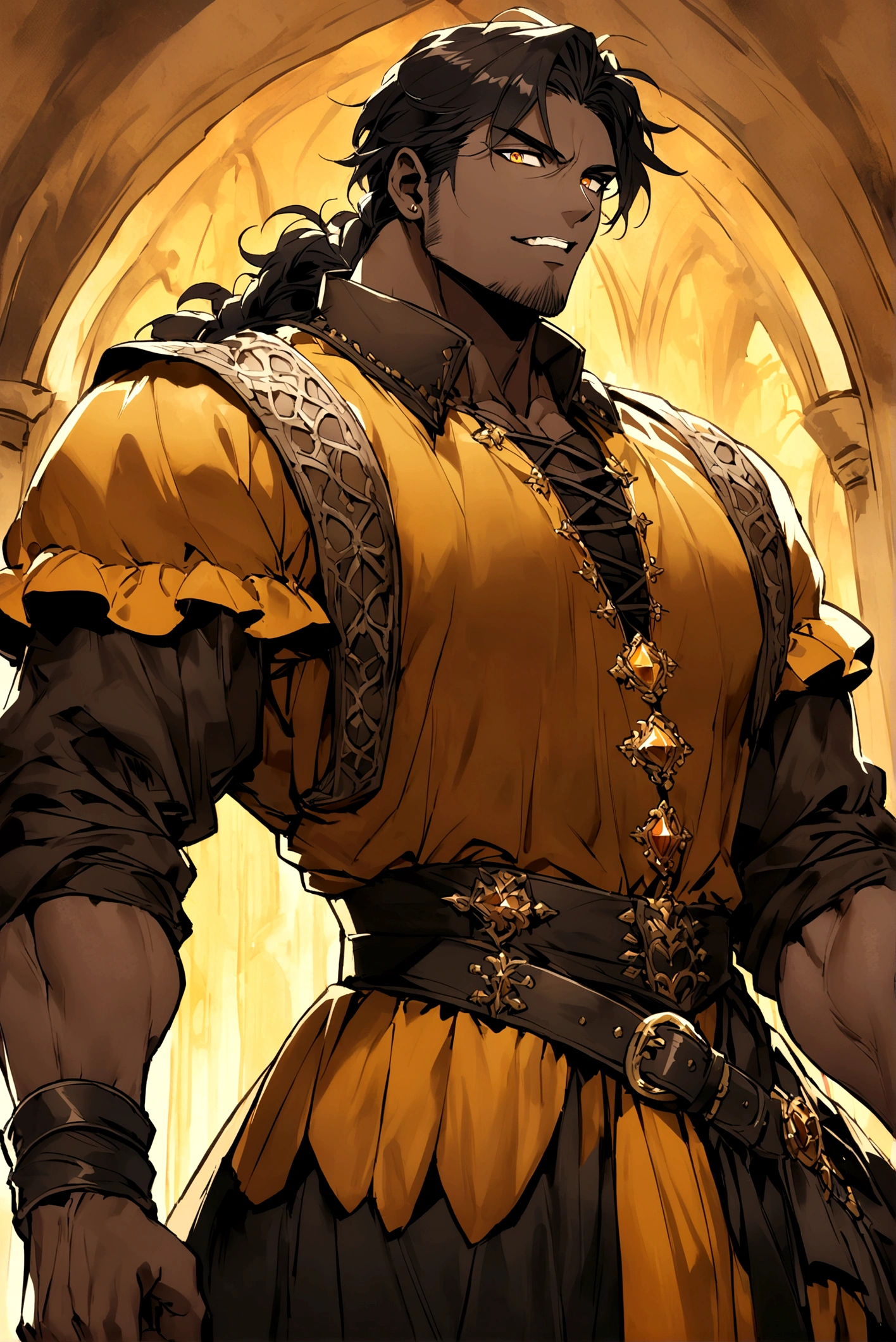 an attractive man with honey-colored eyes, looking 20 years old, BROWN SKIN, prominent canine teeth, elegantly cut black hair, burly and tall with defined muscles, and wearing medieval renaissance gothic clothes