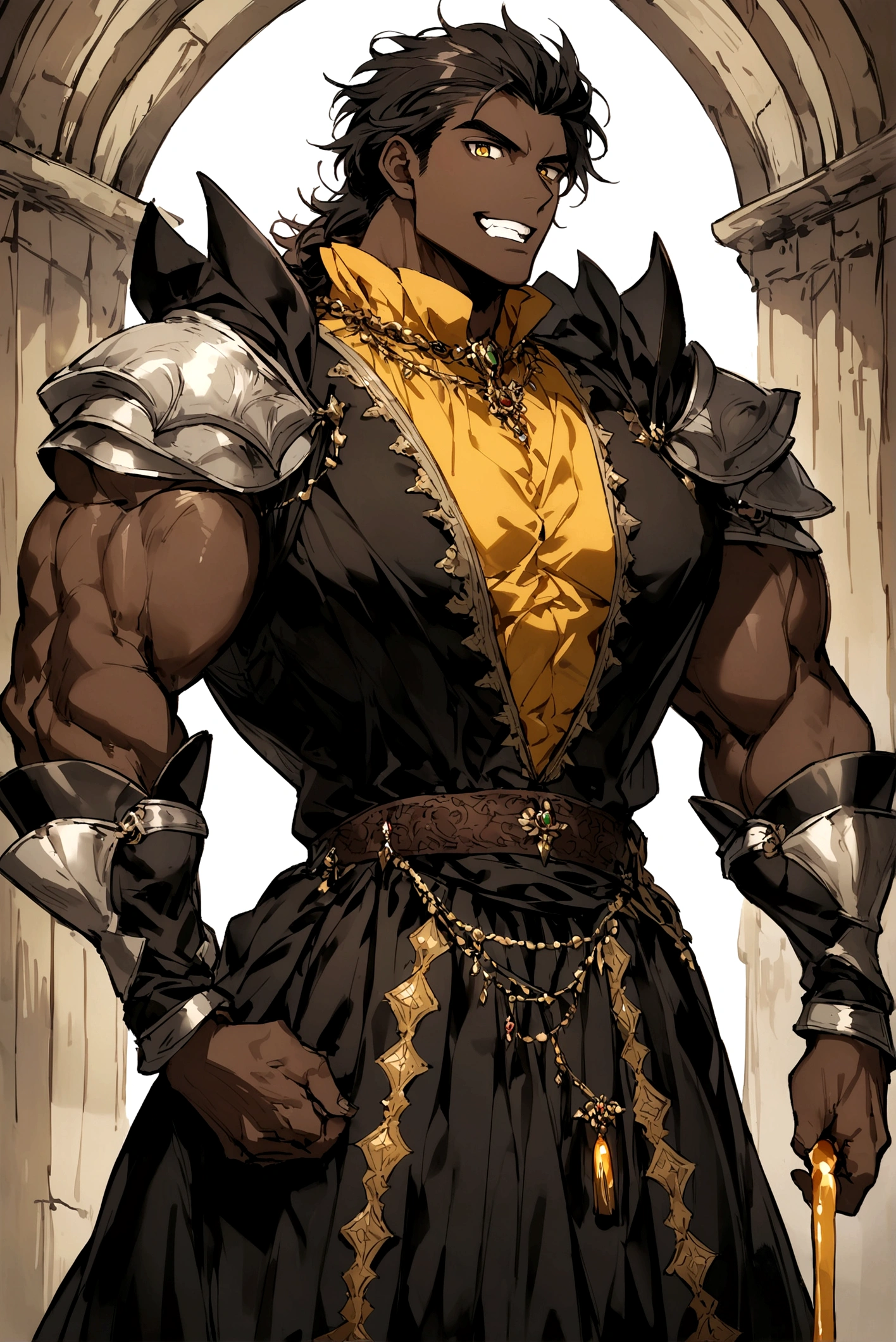 an attractive man with honey-colored eyes, looking 20 years old, BROWN SKIN, prominent canine teeth, elegantly cut black hair, burly and tall with defined muscles, and wearing medieval renaissance gothic clothes