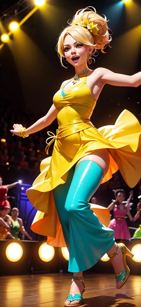 Generate an image of a blonde woman wearing flashy yellow long dresses and holding maracas while dancing. Set her in a vibrant and energetic performance setting, such as a lively stage with colorful lights and cheering audience, or a festive event with music and dancing. Capture the charisma and excitement of her performance, showcasing her passion for entertaining and engaging with the crowd. Enhance the image with elements that symbolize entertainment and energy, creating a visually captivating and dynamic scene.
