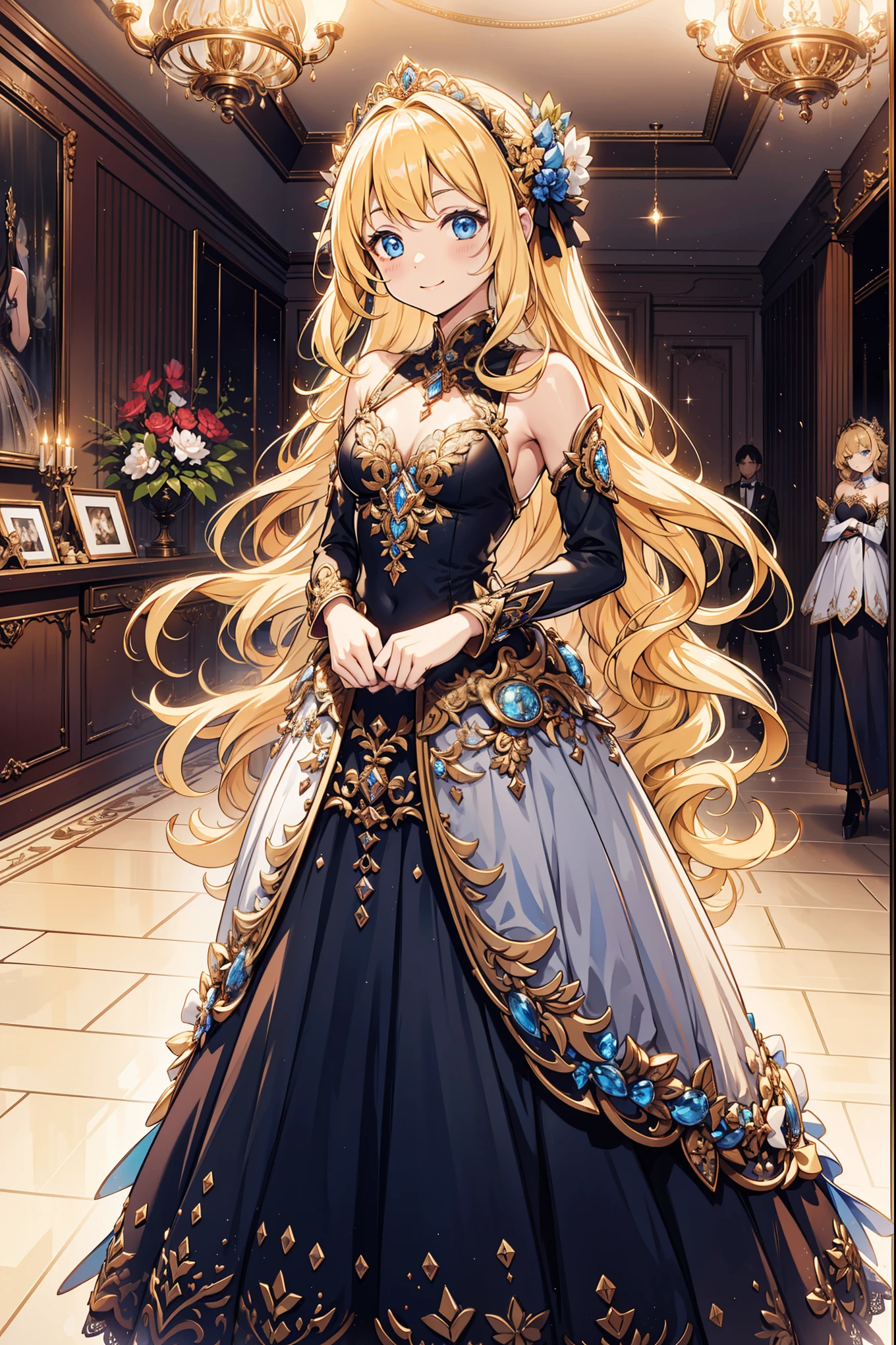 teens girl，divino，Enchanted，having fun，Being in love，blond hairbl，Dark color dress，transparent costume，intricate detailed clothes，Pattern，Princess headband，A small amount of lace，swim wears，dining room，solo person，the night，