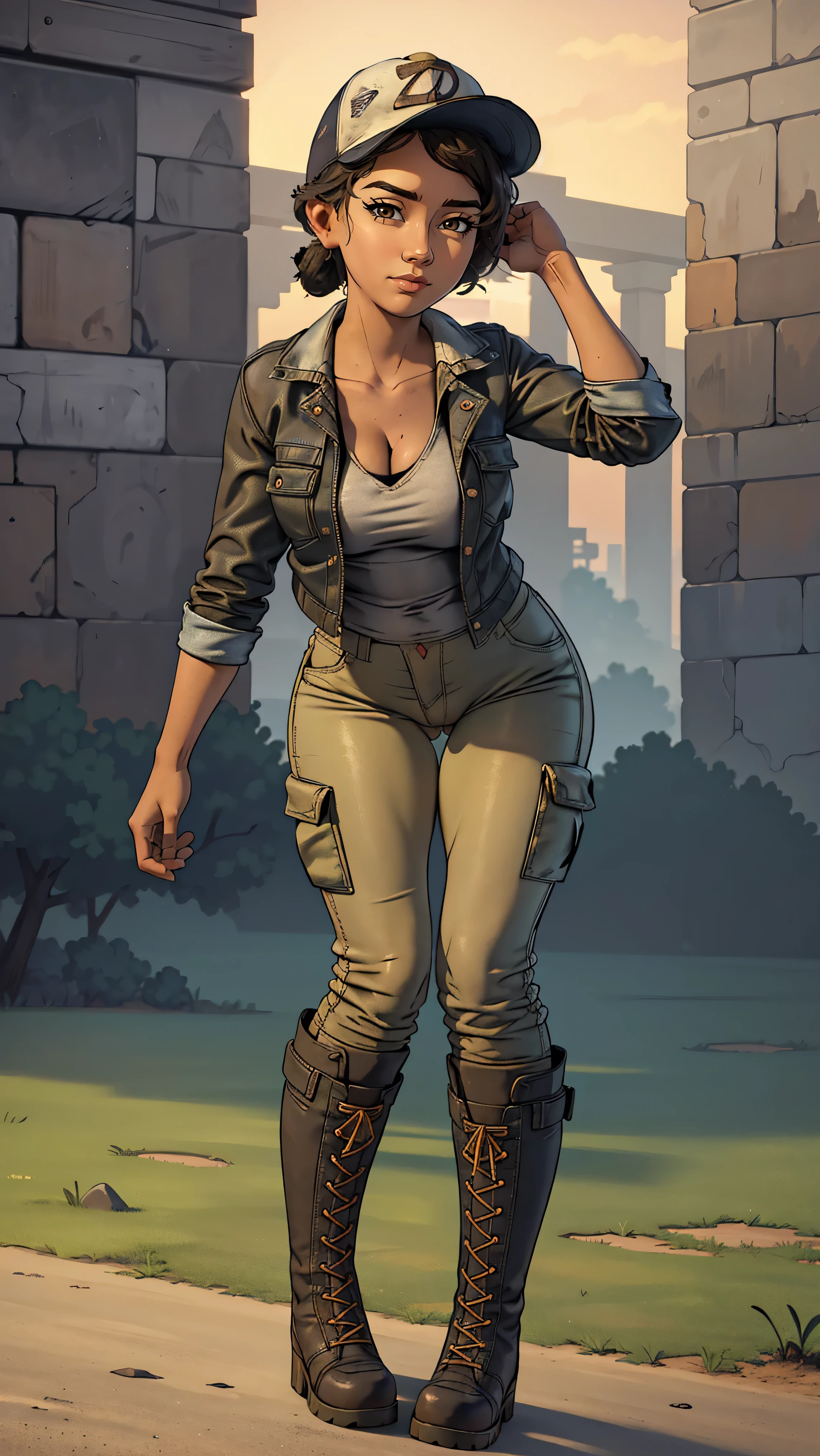 ((masterpiece, best quality)),(complex lighting) ,solo,(((1girl))) ,clementine, light skin,light-skinned female, baseball cap, green cargo pants, brown eyes, tight pants, combat boots, shirt, short hair, one short ponytail, open denim jacket, huge butt, thicc butt , (((8k))), (((full body))), (((bent over))), (((looking at the viewer))), (((cameltoe))) 