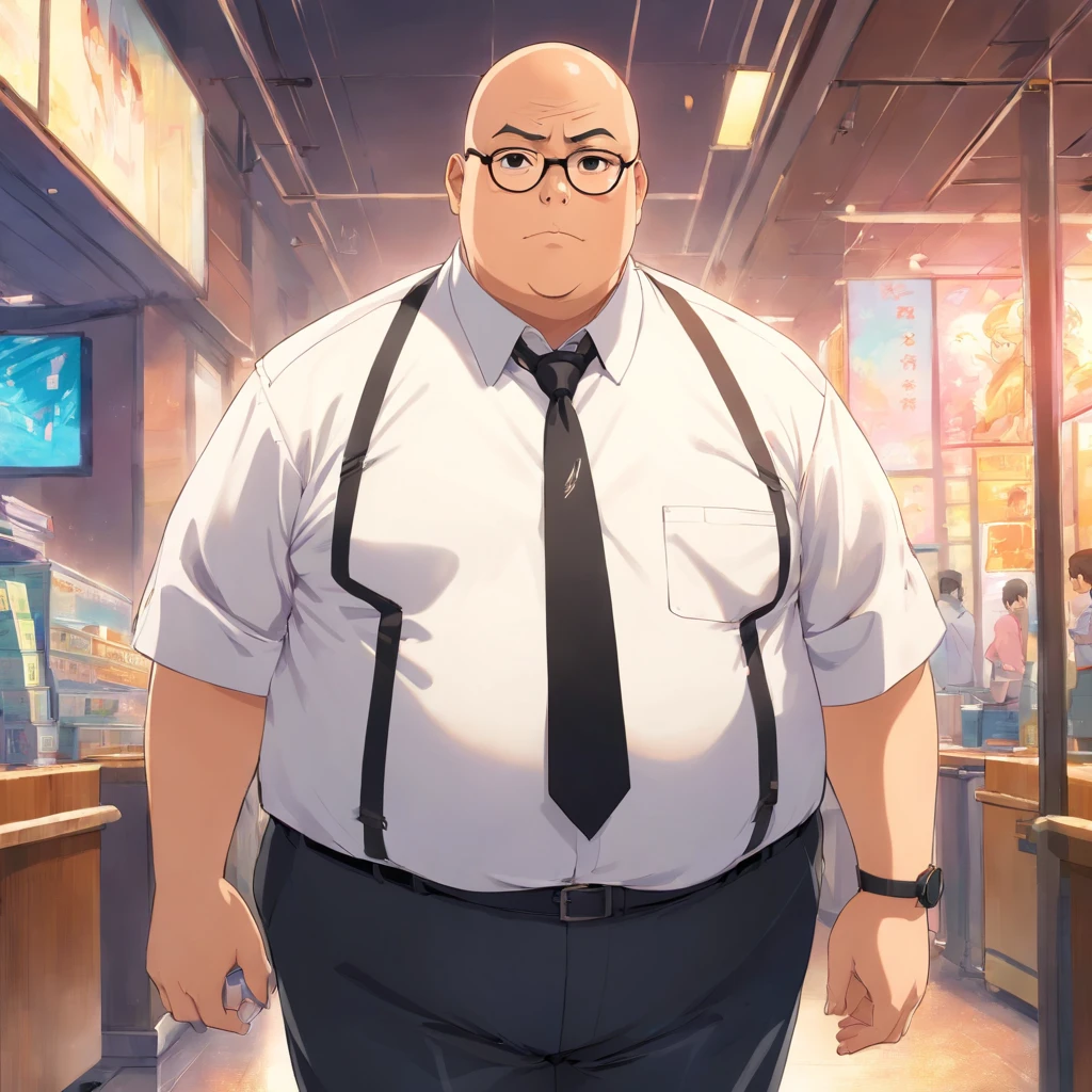 A captivating portrait of fat, obese, bald Indonesian man wearing eye glasses, white shirt, black tie, black pants, and black leather shoes. Standing straight. This classic combination creates an elegant and professional impression, while radiating assertiveness in a simple yet charming style. The contrasting colors enhance the strong visual appeal.
