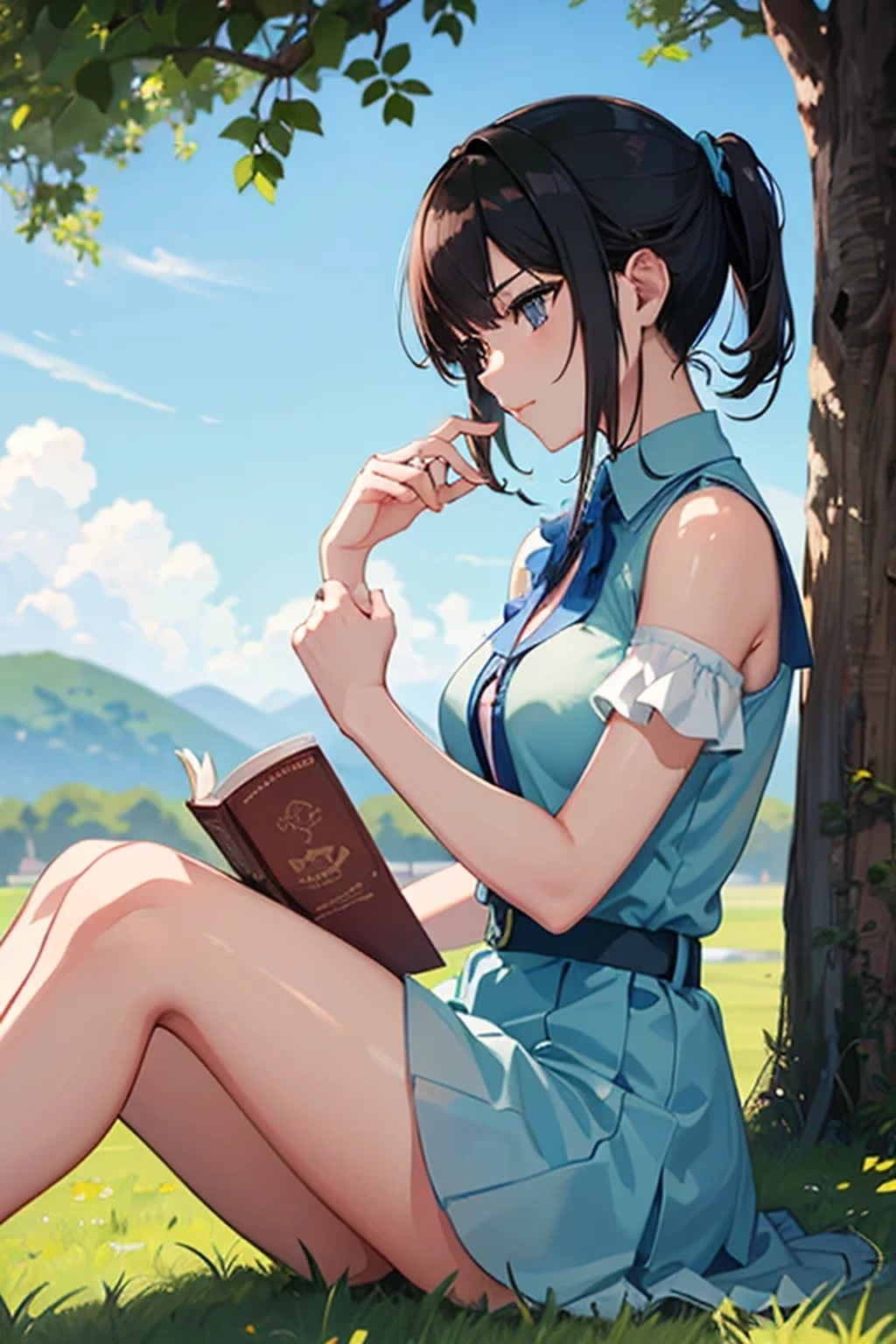 lawn,breeze,Take a rest under a big tree,A beautiful girl reading a book,Profile,Book on knees,Beautiful Profile,Wind blowing leaves,Surrounding meadows,windy,Facial details,Read a book and smile,Flip hair,high resolution,high quality,High Detail,high noise,Fine details,8K,Describe every detail,High-definition quality,Ultra Detail,ultra HD,Shinkai Makoto