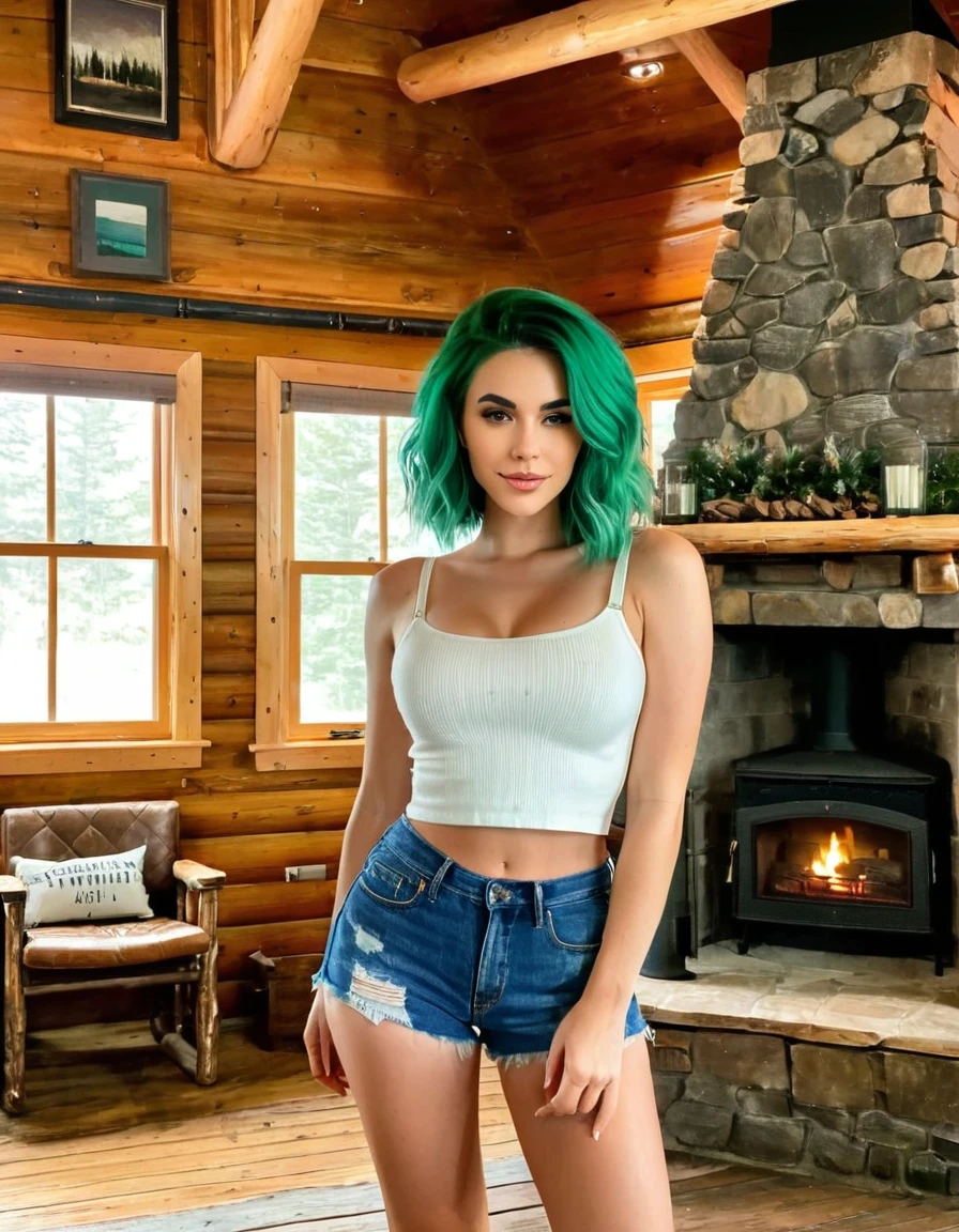 A woman with green hair, wearing a white crop top and denim shorts, standing in a cozy, rustic cabin with a fireplace and wooden furniture.