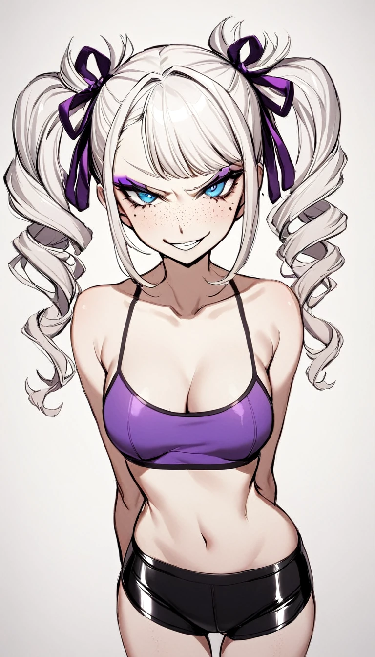 1 Girl, Purple Tube Top, Black Booty Shorts, Purple Lace Ribbon, Medium Breasts, Blue Eyes, Platinum White Hair, Twin Tail Hair Style, Pale White Skin, Smooth Skin, Face Freckles, Nice Cleavage, Slutty, Sexy, Sassy, Smirking, Tease, Teasing