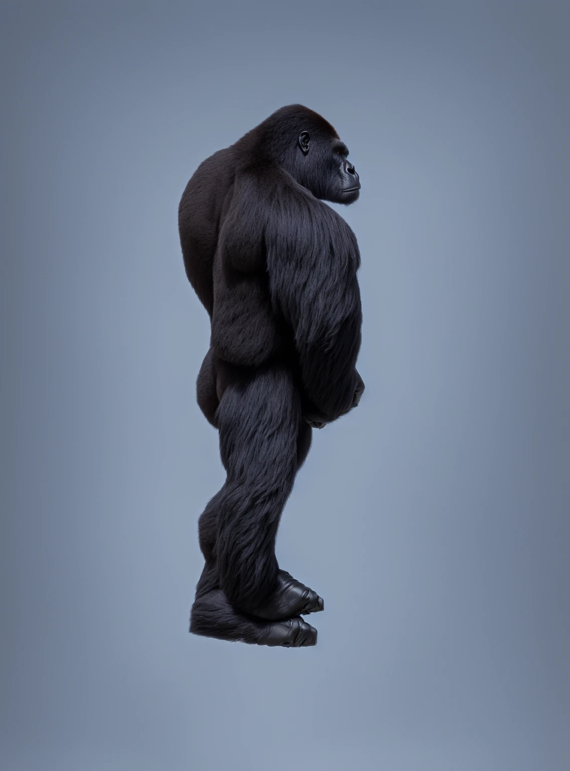 arafed gorilla standing on its hind legs with a white background, black hair gorilla, distant full body view, bigfoot, big foot, full body wide shot, whole body highly detailed, like gorilla, sasquatch,muscular, strong body, full body profile, 1/2 view realistic, full body shot hyperdetailed, highly detailed full body, ( sasquatch, full body close-up shot
