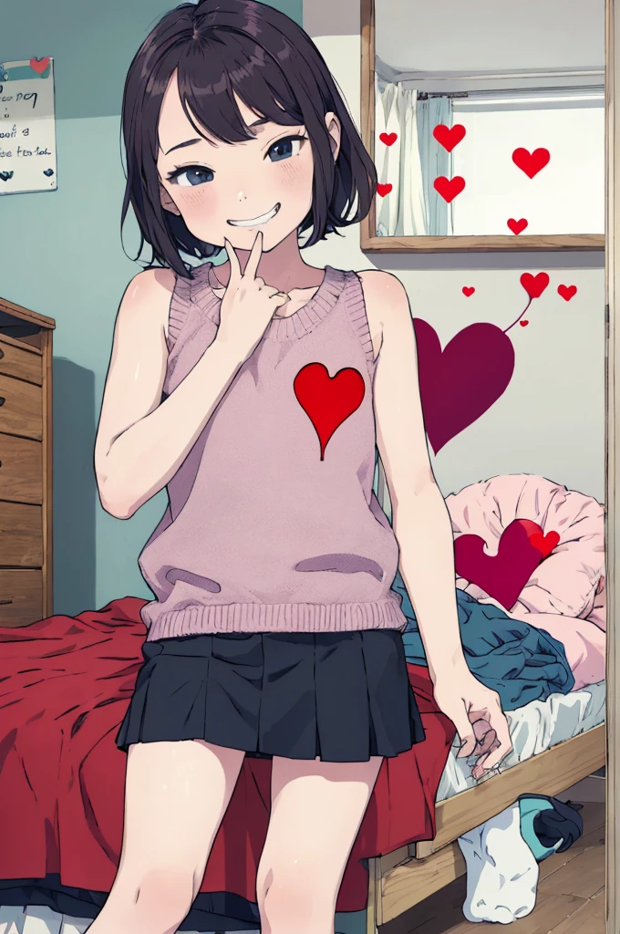best quality, masterpiece, detailed,2d,flat color, 1girl,10yo,petit,grin,my room,(short miniskirt),sleeveless,socks,sweater,(spoken heart)