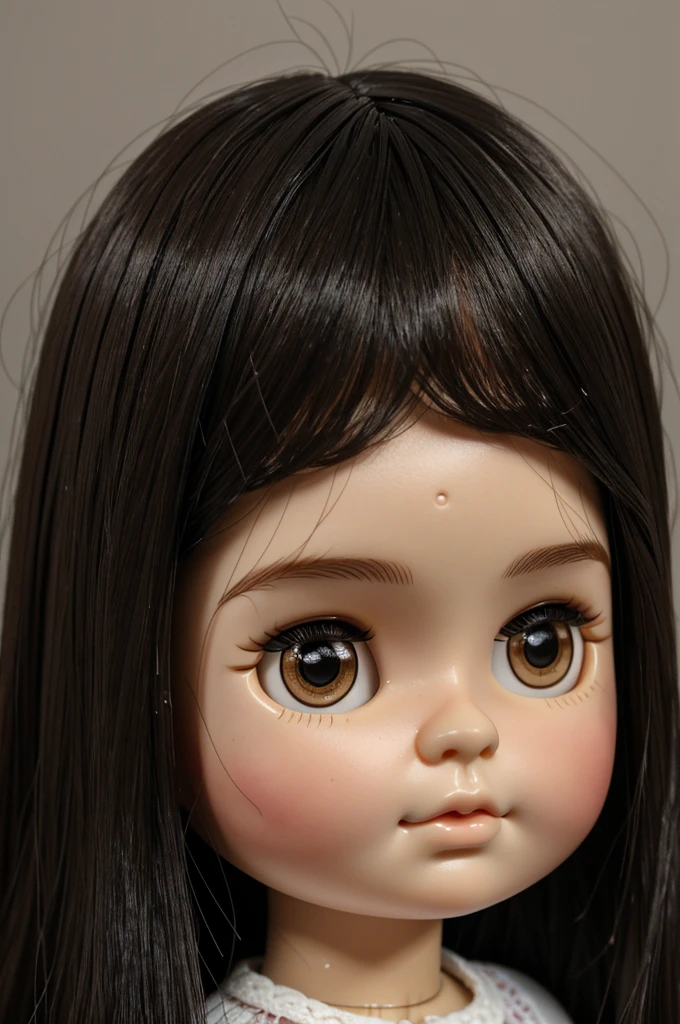 Blythe doll, chubby girl, round face, brunette, Mole under the right eye, dark brown eyes and a LITTLE slanted, black hair, thick lips, long eyelashes, straight hair